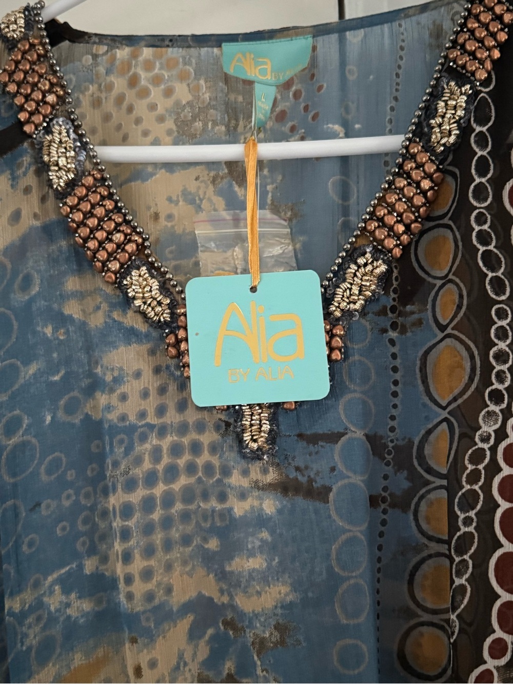 NWT Alia by Alia Women Large Kaftan Maxi Dress Blue Abstract Embellished - Picture 8 of 8